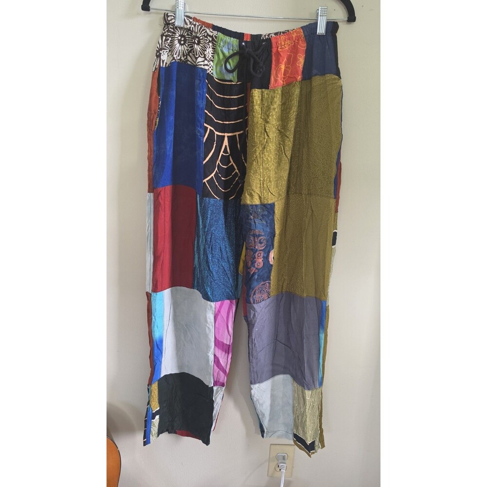 VTG Patchwork Pants Boho Hippie Festival Wide Leg Baggy Colorful Cotton S NWOT